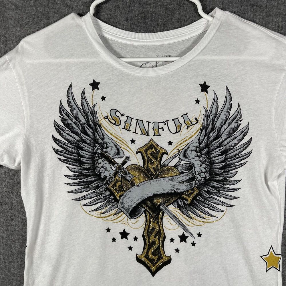 Sinful By Affliction Shirt Womens XL White Angel Wings Heart Dagger Graphic Tee